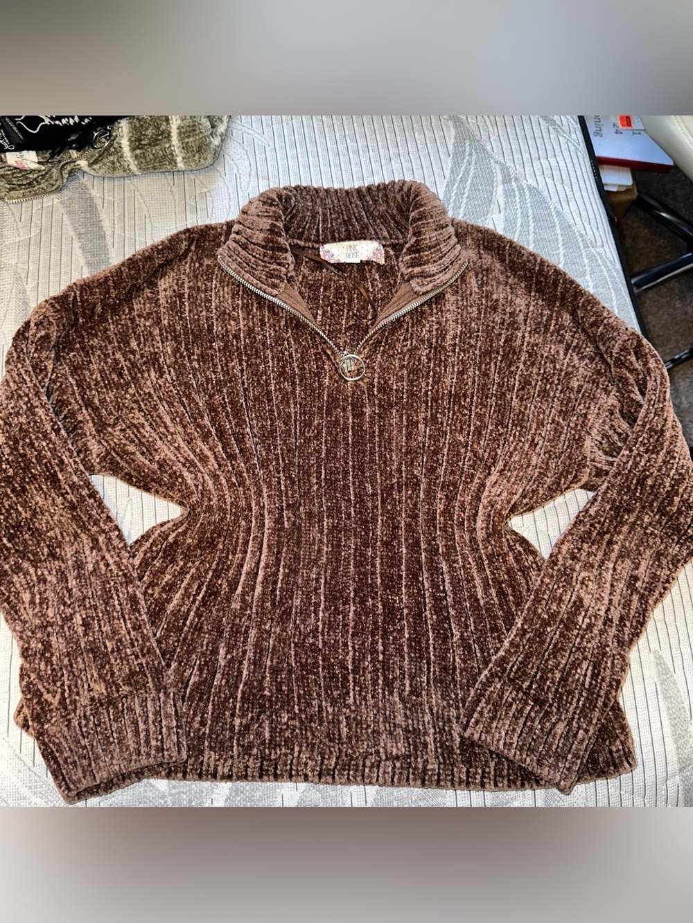 Pink Rose Brown velvet quarter zip sweater